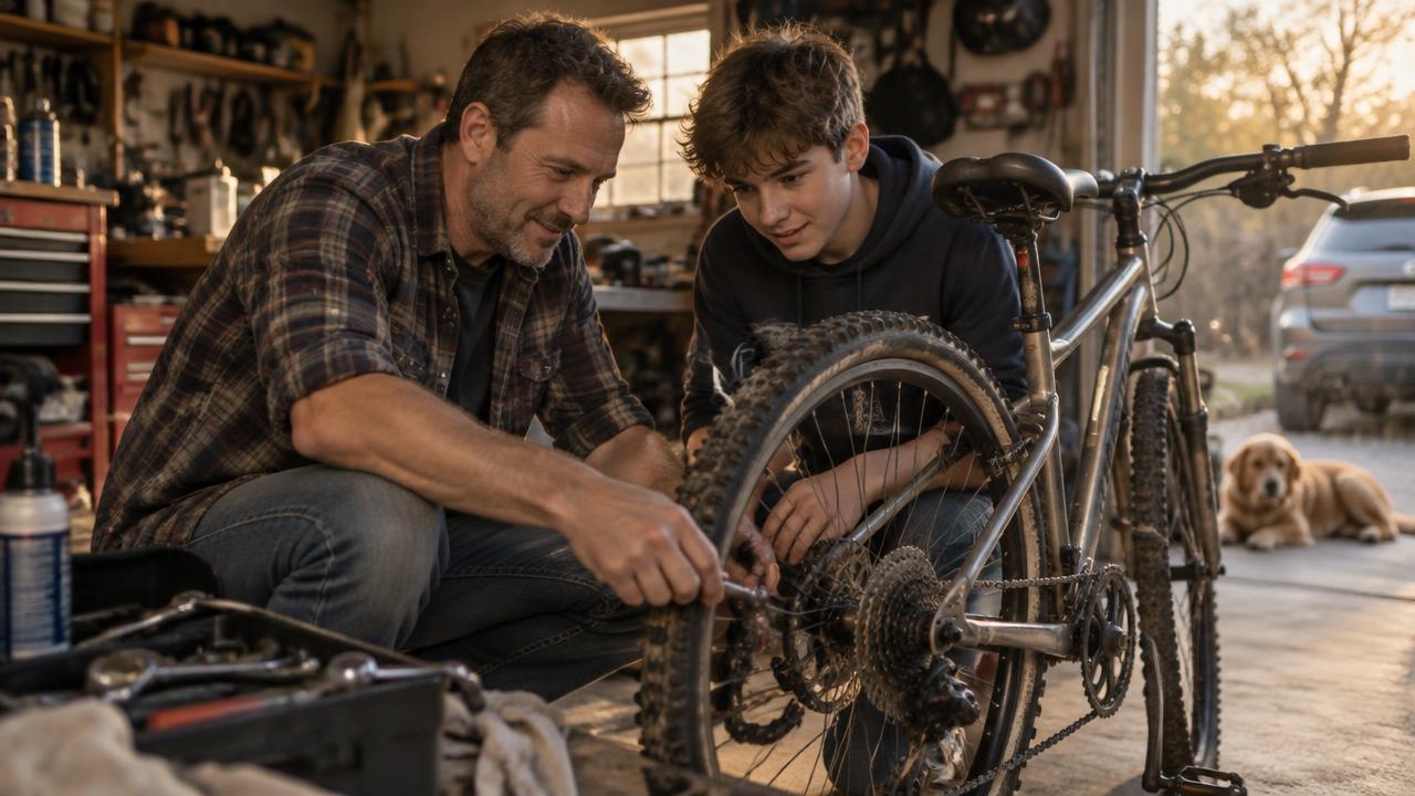 A parent and child repairing a bicycle together