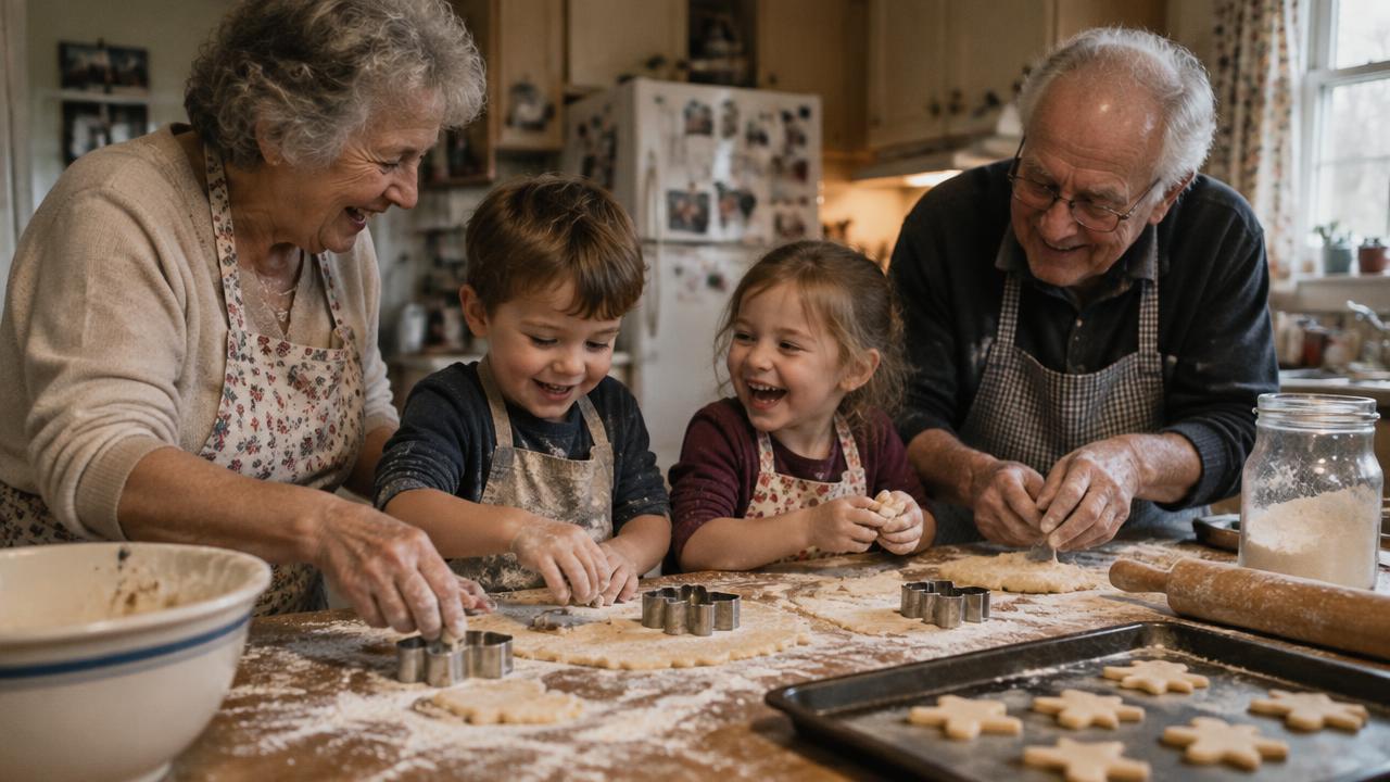 Grandparents baking with their grandchildren in the family kitchen
