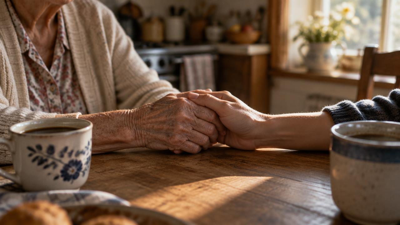 Two generations holding hands across a kitchen table