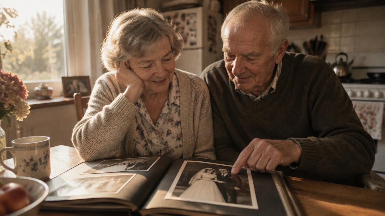A couple looking back through their wedding album